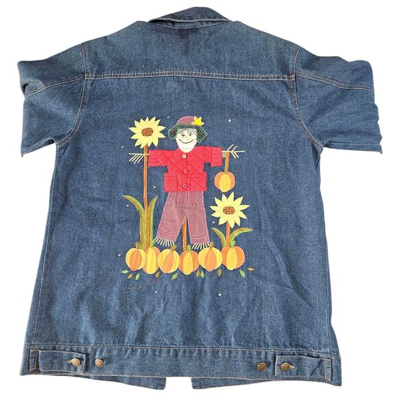 Quacker Factory Blue Denim Jacket Size M Fall Pumpkins Scarecrow Sunflowers - Picture 2 of 12